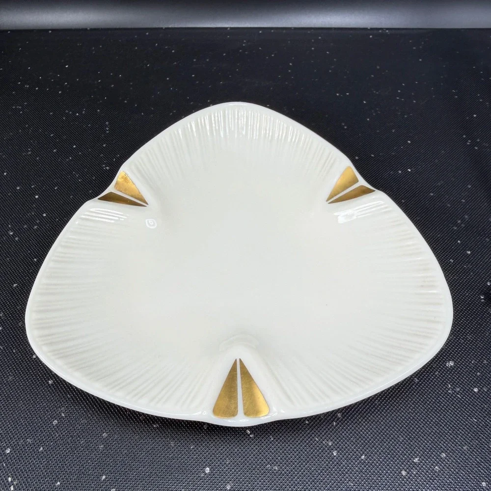 Lenox Vintage Porcelain Triangular Ashtray‎ Trinket Dish Gold Trim Ivory Cream